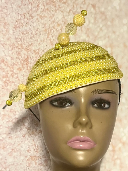 Yellow Beaded Rhinestone Fascinator Half Hat, for Church and Special Occasion