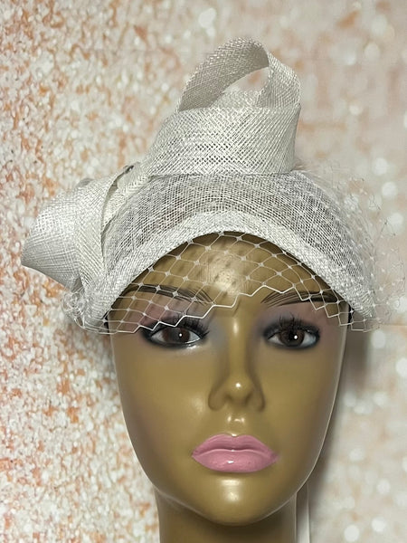 White Sinamay Lace Bling Half Hat Fascinator for weddings, church, tea parties and special occasions