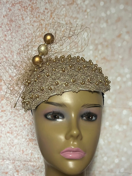 Gold Beaded Fascinator Half Hat for Church, Tea Parties, Weddings and other special occasions
