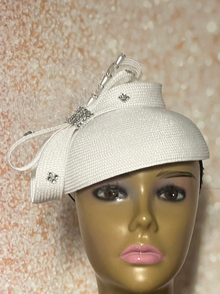 Beautiful White Lace Pearl Half Hat Fascinator for weddings, church, tea parties and special occasions