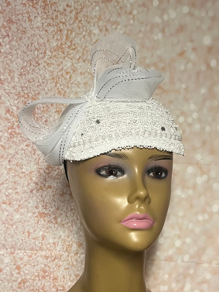 White Embroidered Lace Half Hat Fascinator for weddings, church, tea parties and special occasions
