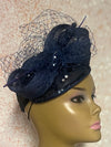 Navy Blue Sinamay Bling Teardrop Half Hat Fascinator for Church Head Covering, Tea Parties, Weddings and Special Occasions