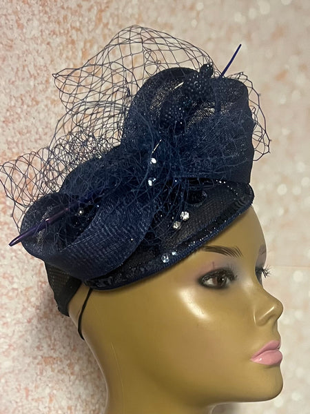 Navy Blue Sinamay Bling Teardrop Half Hat Fascinator for Church Head Covering, Tea Parties, Weddings and Special Occasions