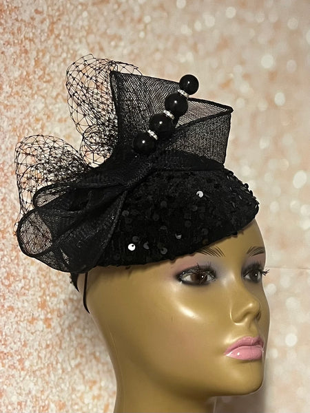 Black Sequin Circular Fascinator Half Hat for Church Head Covering, Mother of the Bride, Tea Party and other Special Occasions