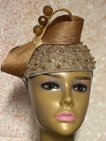 Gold Beaded Teardrop Fascinator Half Hat With Bow for Church, Tea Parties, Weddings and other special occasions