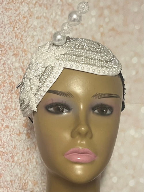 White Teardrop Double Cup Half Hat Fascinator for weddings, church, tea parties and special occasions