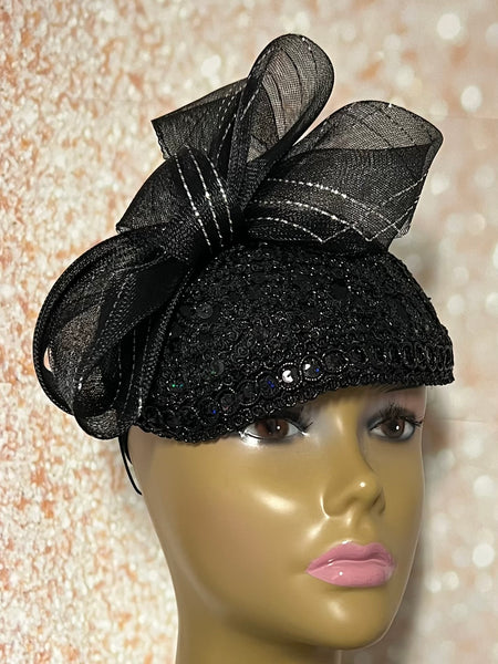 Beautiful Black Sinamay Half Hat Fascinator for weddings, church, tea parties and special occasions