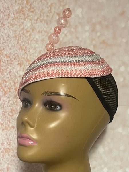 Peach Pink Beaded Hat for Church, Wedding, Tea Parties and special occasions