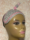 Pink and Silver Beaded Fascinator Half Hat, Church Head Covering