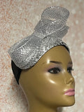 Silver Rhinestone Sequin Headband Fascinator Half Hat, Church Head Covering with Bow
