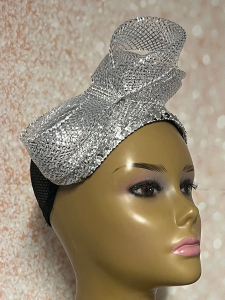 Silver Rhinestone Sequin Headband Fascinator Half Hat, Church Head Covering with Bow