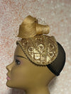 Gold Sequin Beaded Fascinator Half Hat with Bow and Veiling for Church, Tea Parties, Weddings and other special occasions