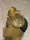 Gold Sequin Beaded Fascinator Half Hat with Bow and Veiling for Church, Tea Parties, Weddings and other special occasions
