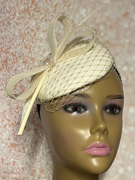 White Sinamay Teardrop Fascinator Half Hat for Church, Weddings and other special occasions