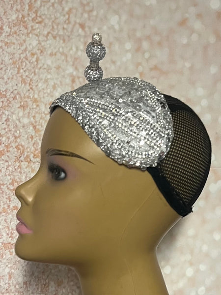 Silver Rhinestone Sequin Headband Fascinator Half Hat, Church Head Covering with Bow