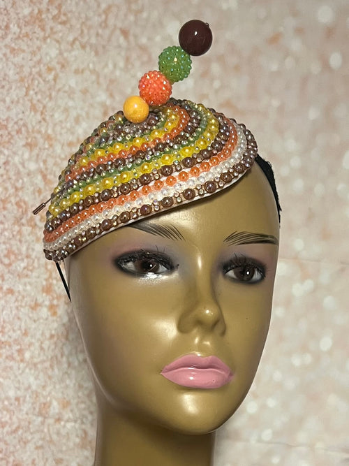 Earth Tone Multicolor Beaded Rhinestone Teardrop Fascinator, Handmade Church Headwear, and Special Occasions