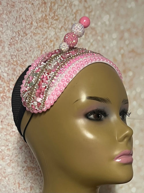 Pink and White Beaded Headband shaped hat for Church, Wedding, Mother of the Bride, Head Covering, Tea Parties and other special occasions