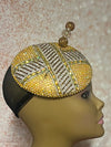 Yellow Gold Bead and Rhinestone Round Button Fascinator Half Hat for Church, Tea Parties, Weddings and other special occasions