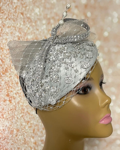 Silver Rhinestones Crystal Bling Fascinator Half Hat for Church, Tea Parties, Weddings and other special occasions