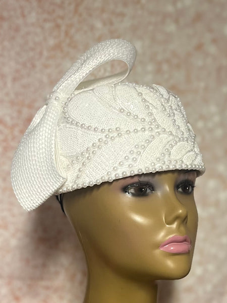 White Sequin Lace and Pearl Full Hat Fascinator for weddings, church, tea parties and special occasions