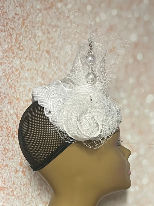 White Braided Sinamay Bow Fascinator Half Hat for Church Head Covering, Tea Parties and Other Special Occasions