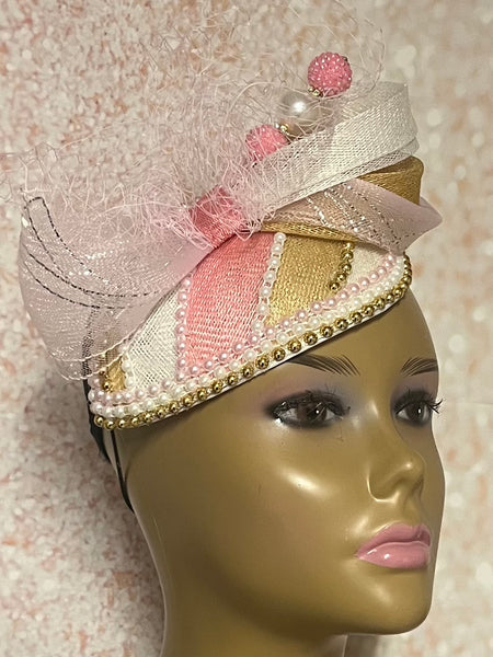 Pink, Gold, and Offwhite Multicolor Fascinator Half Hat, Church Head Covering, Tea Parties Weddings and other special occasion