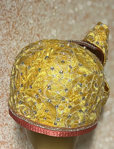 Yellow and Peach Full Skully Hat, Church Head Covering, Headwear, Tea Parties, Weddings and other Special Occasions
