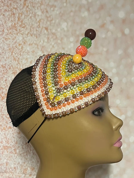Earth Tone Multicolor Beaded Rhinestone Teardrop Fascinator, Handmade Church Headwear, and Special Occasions