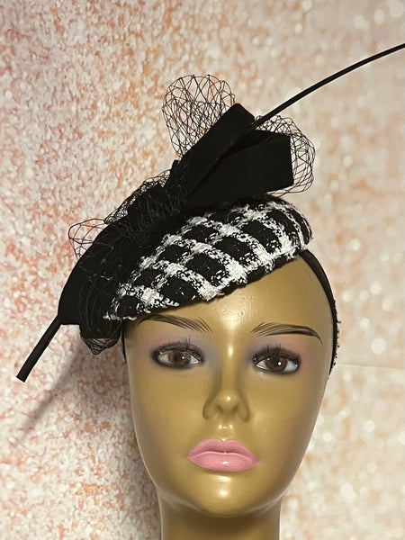 Black and White Houndstooth Tweed Fascinator Half Hat for Church Head Covering, Tea Party, Wedding and Other Special Occasions