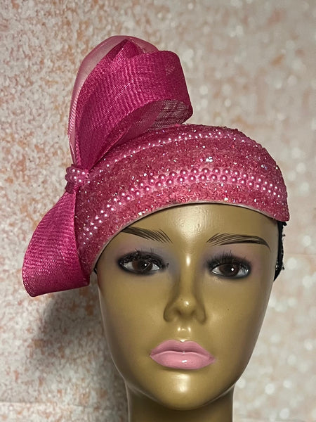 Hot Pink Beaded hat for Church, Magenta Wedding Half Hat for Mother of the Bride, Head Covering, Tea Parties and other special occasions