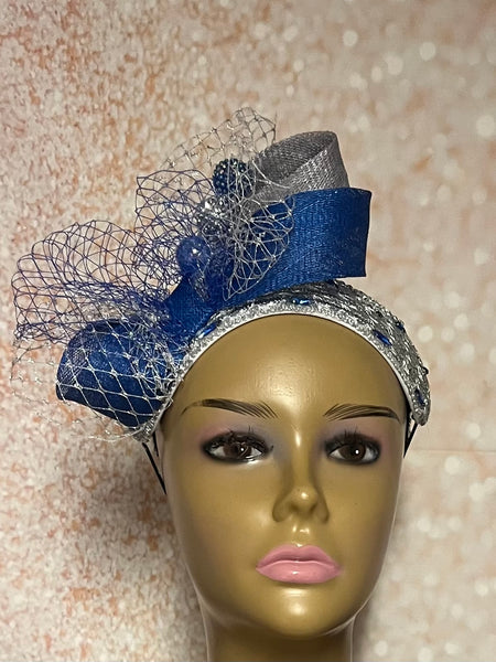 Silver and Blue Lace Rhinestones Studded Headband-Shaped Fascinator Half Hat for Church, Tea Party, Weddings and other special occasions