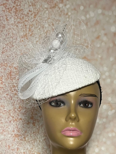 White Tweed Half Hat Fascinator for weddings, church, tea parties and special occasions