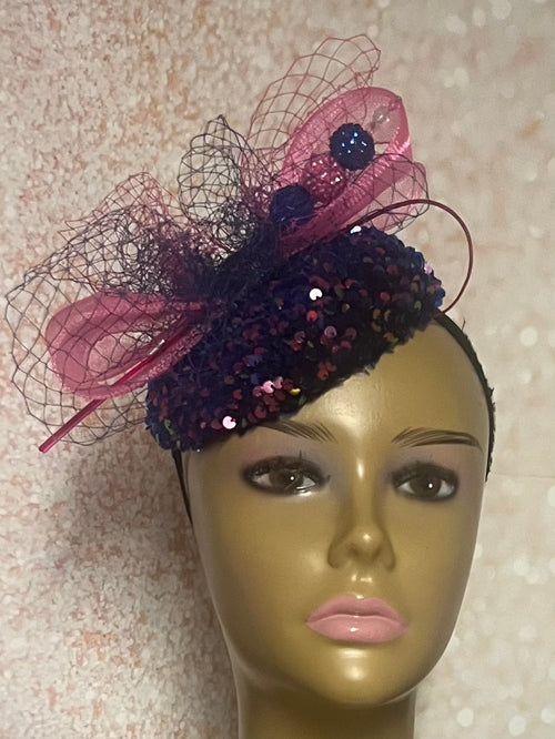 Pink and blue sequins and Rhinestones hat for Church, Wedding, Mother of the Bride, Head Covering, Tea Parties and other special occasions