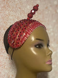 Red Beaded Crystal Fascinator Headband Half Hat, Church and Special Occasion Headpiece