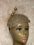 Gold Beaded Fascinator Half Hat for Church, Tea Parties, Weddings and other special occasions