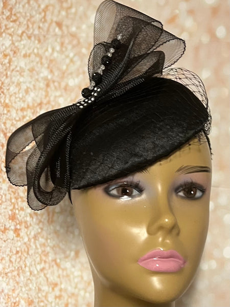 Black Tweed and Felt Fascinator Half Hat for Church Head Covering, Tea Party, Wedding and Other Special Occasions