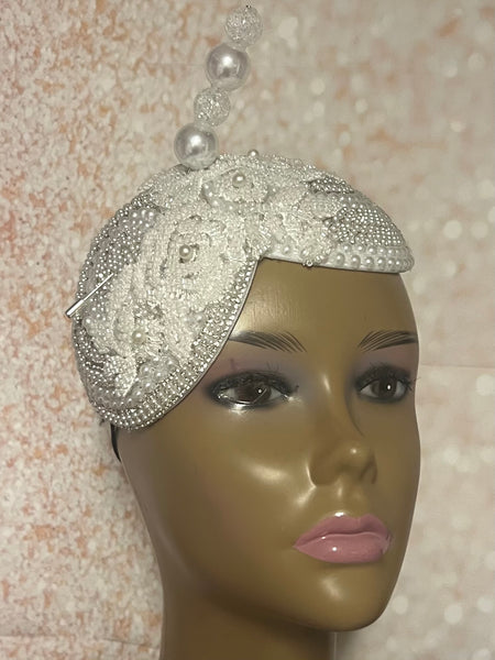 White Double Cup Pearl Bead Half Hat Fascinator for weddings, church, tea parties and special occasions