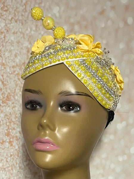 Yellow Rhinestone Beaded Flower Double Cup Fascinator, Double Teardrop Church Special Occasion Half Hat