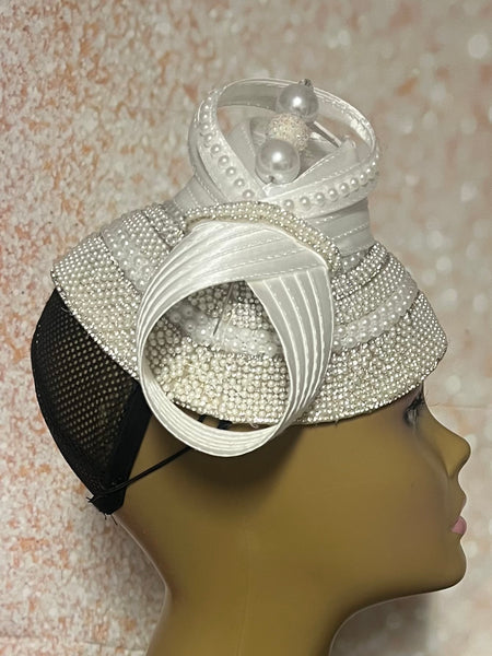 White Pearl Rhinestone Beaded  Three Quarter/Half Hat with Bow for weddings, church and special occasions, Gift for Mom, Sister, Wife