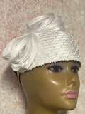White Rhinestone Beaded Half Hat Fascinator for Church, Weddings and Special Occasion