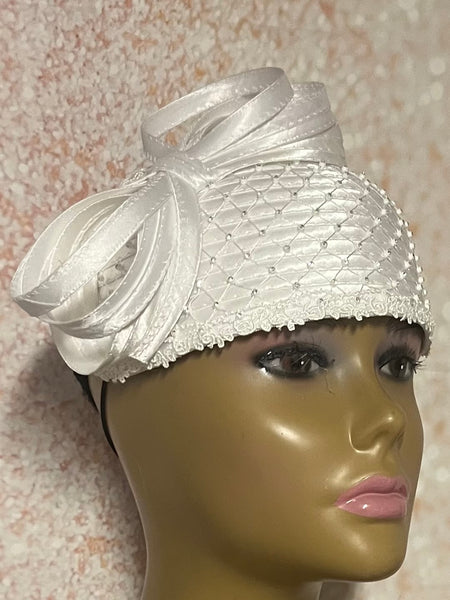 White Rhinestone Beaded Half Hat Fascinator for Church, Weddings and Special Occasion
