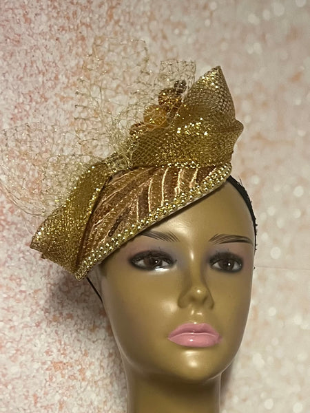 Gold Beaded Sequin Lace Teardrop Fascinator, Special Occasion Half Hat for church