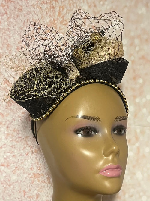 Black and Gold Beaded Sequin Headband Half Hat Fascinator for weddings, church and special occasions