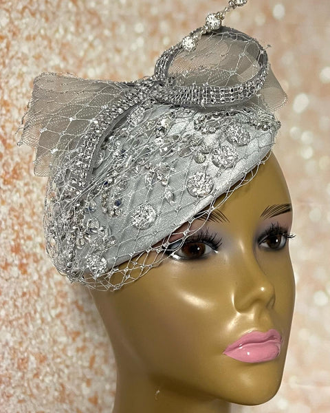 Silver Rhinestones Crystal Bling Fascinator Half Hat for Church, Tea Parties, Weddings and other special occasions