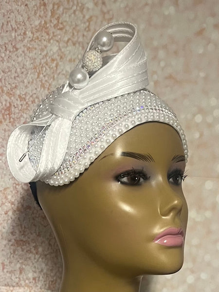 White Beaded Pearl Half Hat Fascinator with Bow for weddings, church and special occasions, Gift for Mom, Sister, Wife, Her