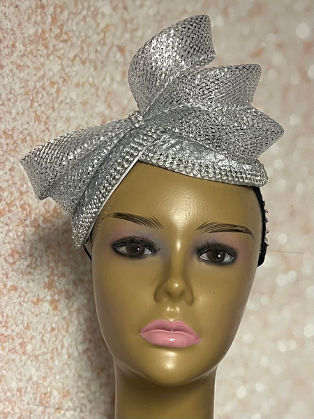 Silver and Gray Bling Double Cup Fascinator Half Hat for Church, Tea Parties, Weddings, and other special occasions
