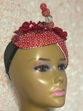 Red Flower Beaded Double Teardrop Fascinator Hat, Church and Special Occasion Headwear
