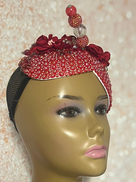 Red Flower Beaded Double Teardrop Fascinator Hat, Church and Special Occasion Headwear