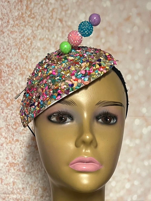 Multicolor Crystal Rhinestone Beaded Fascinator Half Hat, Church Head Covering, Headwear, Tea Parties Weddings and other special occasions