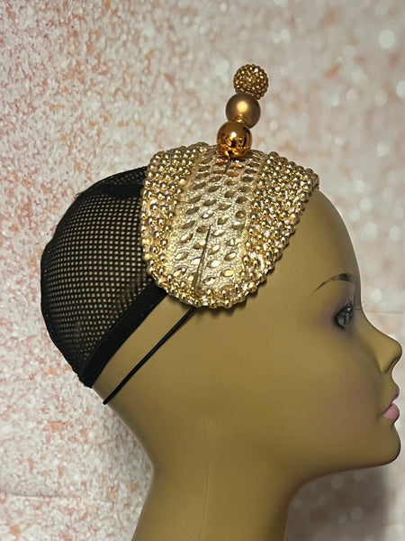 Bronze/Gold Beaded Headband-Shaped Fascinator Half Hat for Church, Tea Parties, Weddings and other special occasions